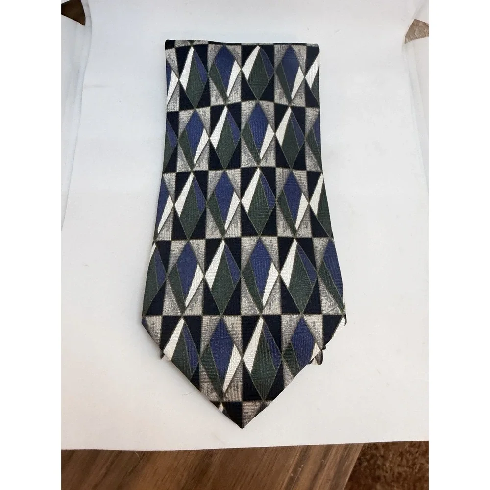 Bachrach Mens Silk Tie Handmade Italy Geometric Diamond Green Blue Grey Wide 4in